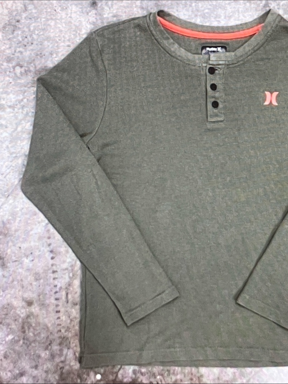 Hurley Olive Green Long Sleeve Henley with Coral Logo Accent - Picture 3 of 4